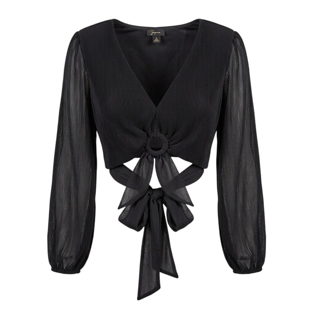 Japna Black Plissé Pleated Plunge Crop Top L Sheer Sleeve Whimsigoth Boho Tie